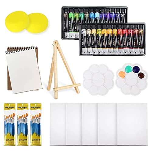 Colorful Acrylic Painting Kit - Paint Supplies Set with 24 Colors, 30 Brushes, 5 Canvases, 1 Pad, 2 Palette, 2 Sponge & 1 Wood Easel - Art Acrylic Colorful