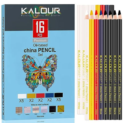 Kalour 16 PCS China Markers Grease Pencils - 5 Colors - Marking on Smooth Surfaces Like Glass,