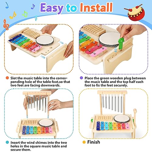 Kids Drum Set,Baby Musical Instrument for Toddler,Wooden Xylophone for Toddlers with Baby Drum Set and Wind Chime,Montessori Musical Instruments Toys BCY hohipi