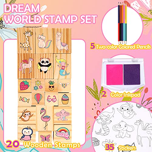 Unicorn Wooden Stamp and Sticker Set for Girls, Unicorn, Mermaid, Panda, Alpaca, Sloth, Cats, Rainbow, Butterfly Stamps, Activity Craft Set for Girls YOYTOO