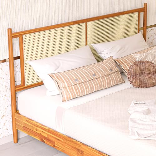 Bme Oliver 15 Inch Acacia Wood Bed Frame with Handcrafted Rattan Headboard - Bohemian & Mid Century Charm, No Box Spring Needed Bme