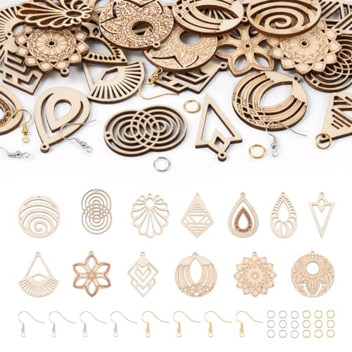 26pcs Wooden Earring Charms Unfinished Natural Wood Filigree Pendants in Teardrop & Kite & Flower & Rhombus & Triangle Shape with Earring Hooks & EEE ELECRELIVE
