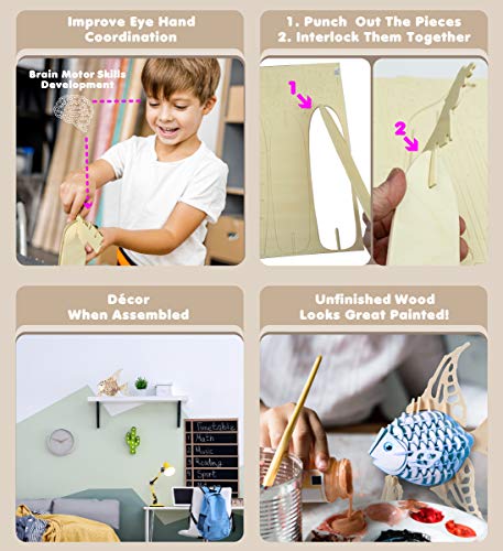 Puzzled 3D Puzzle Angel Fish Wood Craft Construction Model Kit, Fun Unique & Educational DIY Wooden Toy Assemble Model Unfinished Crafting Hobby Puzzled