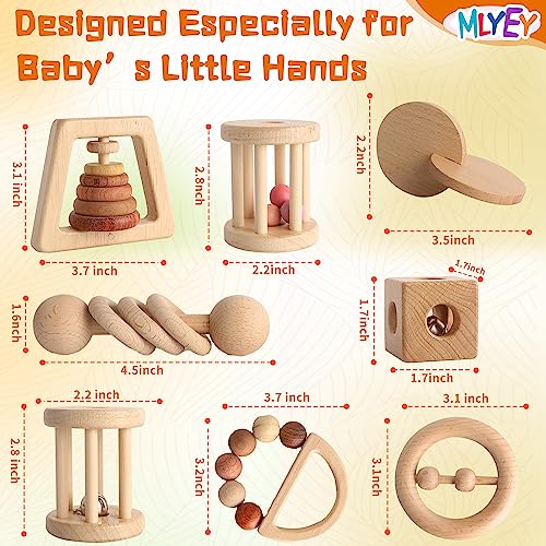 Wooden Baby Toy 8pcs, Montessori Toys for Babies 1-3 Years Old, Wooden Rattles Toy Set for Infant Grasping, Sensory Development, Gift for Baby Boys MLYEY