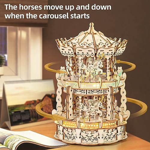 MIEBELY 3D Wooden Puzzles for Adults LED Carousel Music Box - DIY Crafts Model Building Kits for Teens Mechanical Model Stem Project Christmas Toy MIEBELY