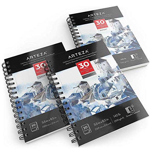 Arteza Watercolor Paper Pad Expert, Watercolor Sketchbook 5.5x8.5 Inch, Pack of 3, 30 Sheets Each, Spiral Bound, 140lb/300gsm Cold Pressed Acid Free ARTEZA
