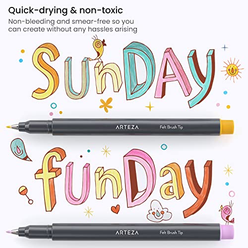 ARTEZA Felt Tip Pens, Set of 12 Pastel Brush Tip Calligraphy Pens for Note Taking, Sketching, Cross-Hatching, and Outlining, Dye-Based Ink, ARTEZA