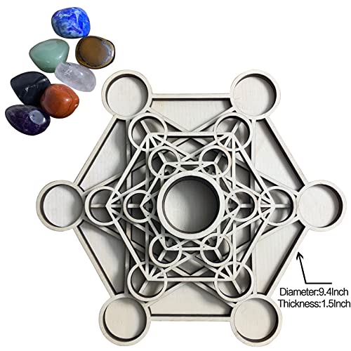 Metatron Crystal Grid Wooden Art 3D Metatron's Healing Energy with 7 Pieces Rough Seven Chakras Crystal Stone Set Sacred Geometry Energy Crystal Grid Tucocoo