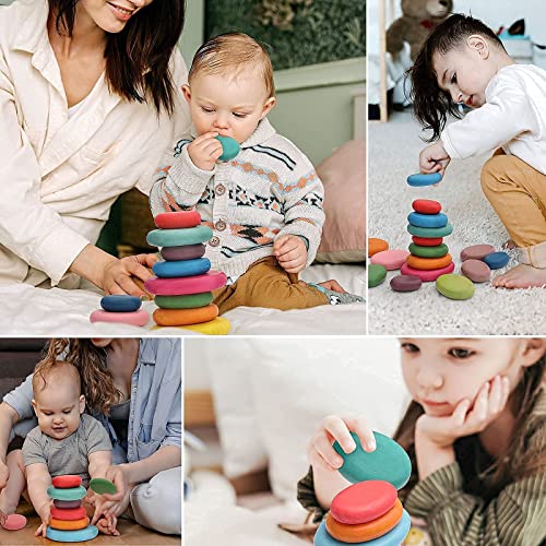 OESSUF 16PCs Stacking Rocks Wooden Stacking Toys Balancing Stacking Stones Wooden Stone Stacking Game for Toddler Wood Sorting Montessori Stacking OESSUF