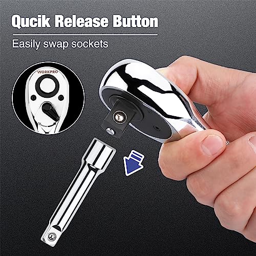 WORKPRO 3-Piece Stubby Ratchet Set, Quick Release Reversible, 1/4", 3/8", 1/2" Drive Mini Ratchet Handle, Small Ratchet Set, Chrome Alloy Made, CR-MO WORKPRO