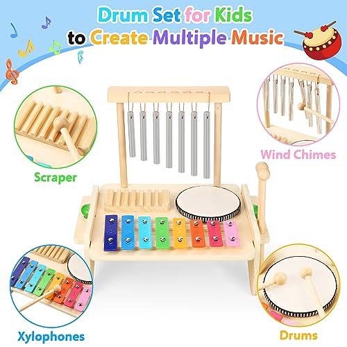 Kids Drum Set,Baby Musical Instrument for Toddler,Wooden Xylophone for Toddlers with Baby Drum Set and Wind Chime,Montessori Musical Instruments Toys BCY hohipi