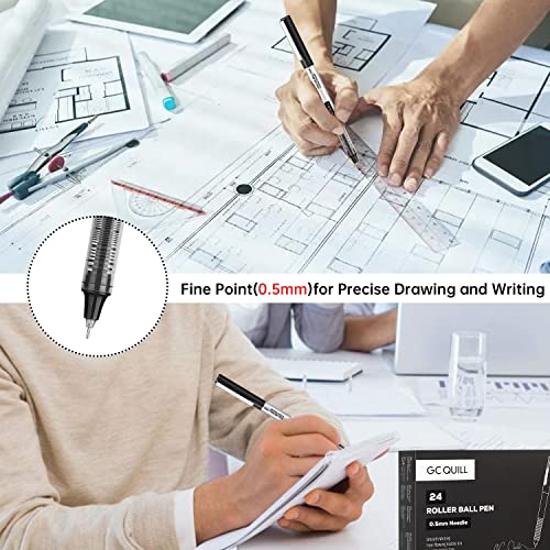 GC QUILL Rollerball Pens, Pack of 24, 0.5mm Black Liquid Ink Pens for Bullet Journaling, Fine Point Rollerball, Office Supplies for Writing, Taking GC QUILL