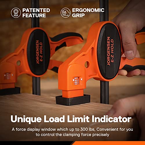 Jorgensen Bar Clamps For Woodworking, 12" 2-Pack One-Handed Clamps/Spreader with Load Limit Indicator, Quick Grip Bar Clamps E-Z Hold F Clamps Set PONY