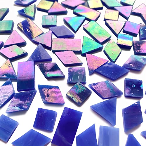 KALUCION Magic Iridescent Blue Stained Glass Mosaic Tiles, 280 Pieces Mixed 4 Shapes Tiffany Stained Glass Kit Mosaic Glass Pieces for Crafts KALUCION