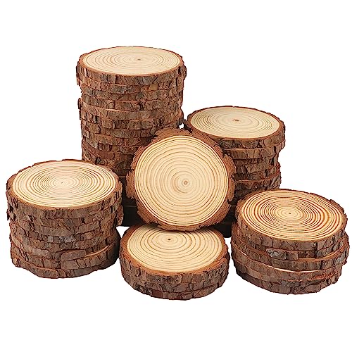 50 PCS 4-4.7 Inch Natural Wood Slices, Unfinished Pine Wood Circles with Barks for Coasters, DIY Crafts, Christmas Rustic Wedding Ornaments and GNIEMCKIN