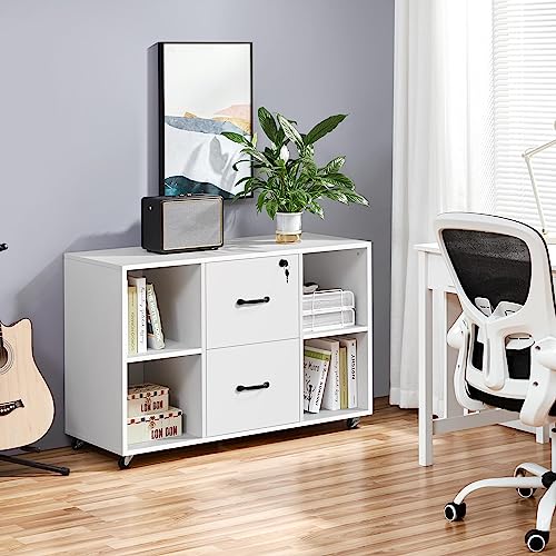 Yaheetech White File Cabinet Mobile Letter Size File Cabinet with 2 Drawers and 4 Open Storage Shelves Large Mobile Lateral Filing Cabinet Printer Yaheetech