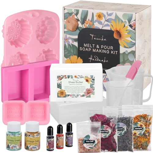 Handmade Soap Making Kit Supplies, DIY Melt & Pour Soap Making Kit for Adults: Includes 2lbs Soap Base, Dried Flowers, Pigment, Silicon Mold, Tassika
