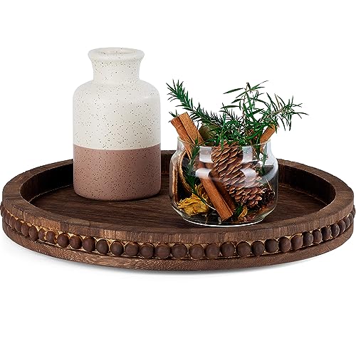 SimpleArt Wooden Decorative Tray, Coffee Table Tray with Wood Beaded Farmhouse Round Serving Tray for Rustic Home Decor,Tray for Kitchen Countertop SimpleArt