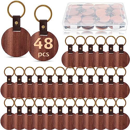 Ecally 48 Pcs Wooden Keychain Blanks Leather Strap Wood Keychain Blanks Round Wood Keyring with for DIY Employee Coworker Gift Craft Ecally