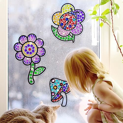 Window Suncatcher Gem Art Diamond Painting Kits for Kids - Fun Arts & Crafts 6 Sheets Flowers Gem Art Painting Kits by Numbers for Girl, Birthday atydkug