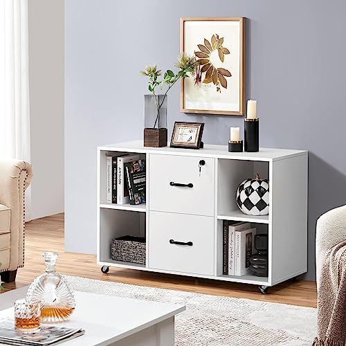 Yaheetech White File Cabinet Mobile Letter Size File Cabinet with 2 Drawers and 4 Open Storage Shelves Large Mobile Lateral Filing Cabinet Printer Yaheetech