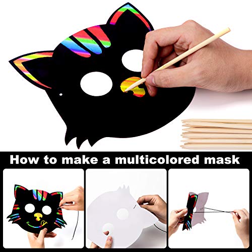 KXCOFTXI Halloween Mask Craft Kit for Kids, 52 Pcs Kids Magic Scratch Paper Animal Masks, DIY Rainbow Scratch Art Masks for Halloween and Animal KXCOFTXI