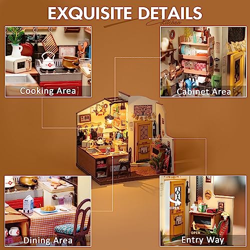 ROBOTIME Miniature House Kit DIY Miniature Dollhouse with Furniture Tiny Room Kit with LED Light Hobby Gift for Kids & Adults (Cozy Kitchen) ROBOTIME
