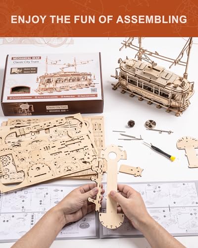 ROKR 3D Wooden Puzzles Model Car Kits for Adults to Build - Wooden Toy Tram Train Set with Railway - Wood 3D Puzzles for Adults - Gift Idea for ROKR
