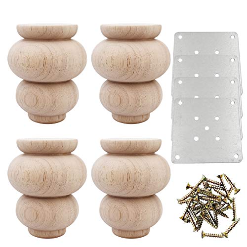 Btibpse Wood Furniture Legs 4 Inch Sofa Couch Chair Ottoman Loveseat Cabinet Legs Replacement Feet Unfinished Bun Foot Pack of 4 Btibpse