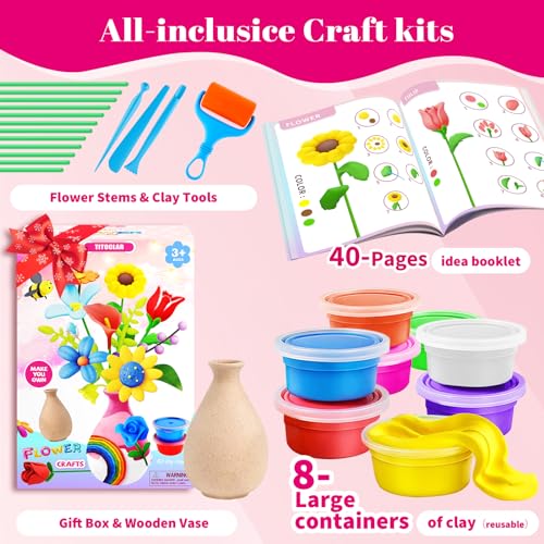 Titoclar Make Your Own Air Dry Clay Flower Bouquet - Arts and Crafts for Kids Girls 8-12 6-8, 4 5 6 7 8 9 10 11 12 Year Old Girl Gifts Toys, Titoclar