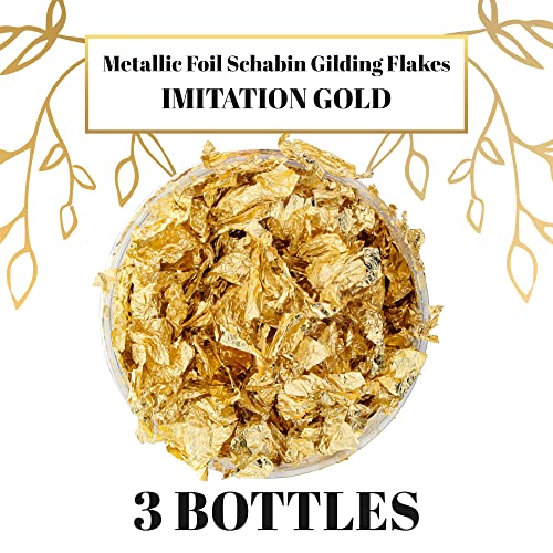 U.S. Art Supply Metallic Foil Schabin Gilding Gold Leaf Flakes - Imitation Gold in 10 Gram Bottle (Pack of 3) - Gild Picture Frames, Paintings, U.S. Art Supply