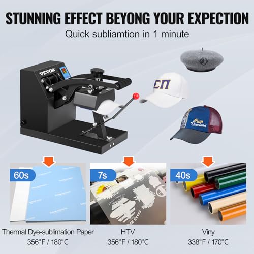 VEVOR Hat Press Machine 3.5X5.9 Inch Cap Press Heat Press Machine Professional Transfer Hat Press with 12000 Hours Life Digital LCD Timer and VEVOR