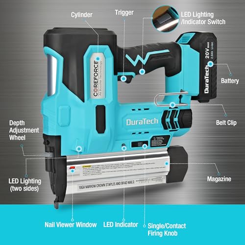 DURATECH 20V Cordless Brad Nailer, 18 Gauge, 2-in-1 Nail/Staple Gun for Upholstery, Carpentry, Including 2.0Ah Rechargeable Battery, 1H Quick DURATECH