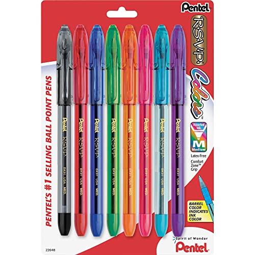 Pentel® R.S.V.P.® Ballpoint Pens, Medium Point, 1.0 mm, Clear Barrel, Assorted Ink Colors, Pack Of 8 Pentel