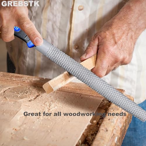 GREBSTK 8" Wood Rasp File Set with Rubber Grip Wood Course Cut Rasp 3 PCS Set, Round, Half-Round, Flat File Rasp GREBSTK