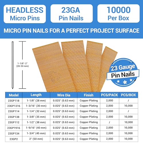meite 23 Gauge Pin Nails, 1-3/4-Inch Micro Headless Pins for Pin Nailer - Copper Plated Pins Nails for Nail Gun, Ideal for Fine Woodworking and Trim meite