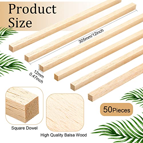 50 Pieces Balsa Wood Sticks 1/2 x 1/2 x 12 Inch Hardwood Square Wooden Dowels Unfinished Wood Sticks for Craft DIY Supplies DIY Molding Projects Yulejo