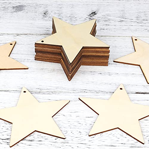 KINBOM 50 Pcs 4 inch Natural Wooden Star, Wood with Natural Twine Cutouts Shape Unfinished Wooden Star Embellishents for Christmas Home Party Wedding KINBOM