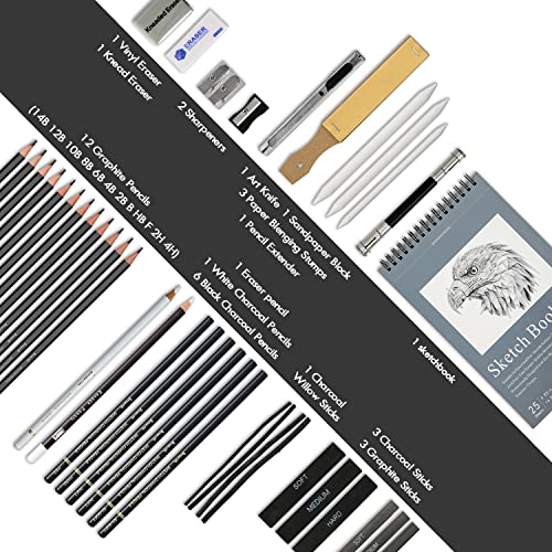 Brusarth 42 Pack Drawing Set Sketching Kit, Pro Art Sketch Supplies with Sketchbook, Include Graphite Pencil, Charcoal Pencil, Sharpener, Eraser Art Brusarth