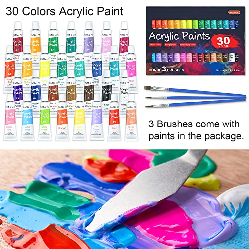 Shuttle Art Acrylic Painting Set, 59 Pack Professional Painting Supplies with Wood Tabletop Easel, 30 Colors Acrylic Paint, Canvas, Brushes, Palette, Shuttle Art
