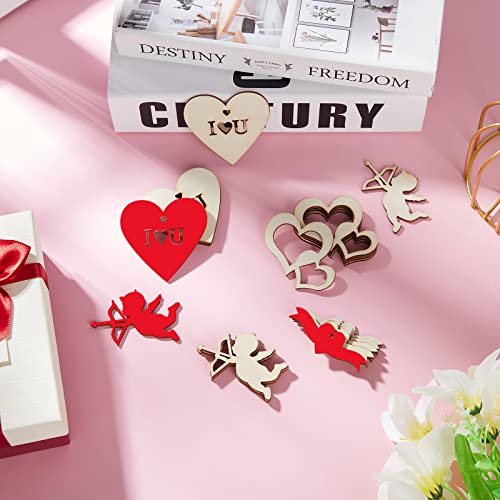 45 Pieces Valentine Wooden Cutouts Wood Heart Cutouts Ornaments Unfinished Heart Wood Slices Wood Cupid Shape Slices with 45 Pieces Hemp Rope for Maitys