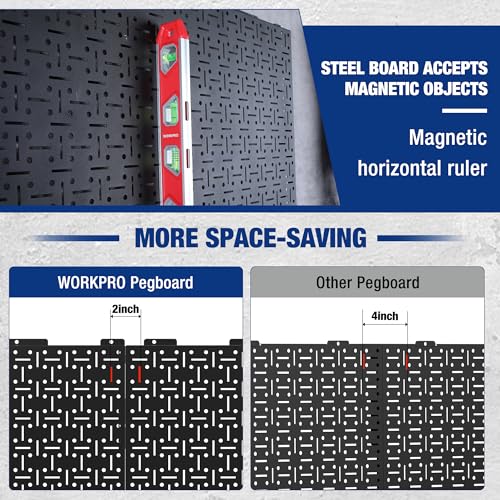 WORKPRO Metal Pegboard 16”x 32” Steel Panel with Round Holes & Vertical Slots, Black Heavy Duty Garage Peg Board Wall Pegboard Organizer for Wood WORKPRO