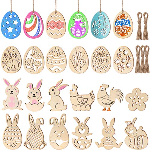 TOYANDONA 48 Pcs Easter Wooden Ornaments, Unfinished Wood Easter Cutouts Hanging Embellishments Easter Wooden Crafts for Kids Easter Party Supplies TOYANDONA