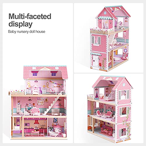 ROBOTIME Wooden Dollhouse, Doll Houses with 24 Pieces Furniture for 4, 5, 6-Inch Dolls, Dollhouse Gift for 3+ Year Old Girls (Pink) ROBOTIME