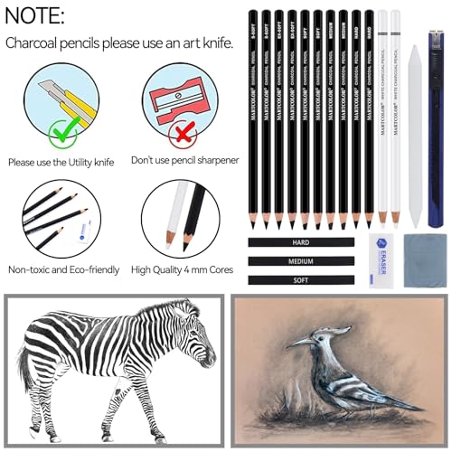 MARTCOLOR Charcoal Drawing Set, 19 Pieces, Black & White Charcoal Pencils for Drawing, Sketching, Shading, Blending, Artist Pencils for Beginners & MARTCOLOR
