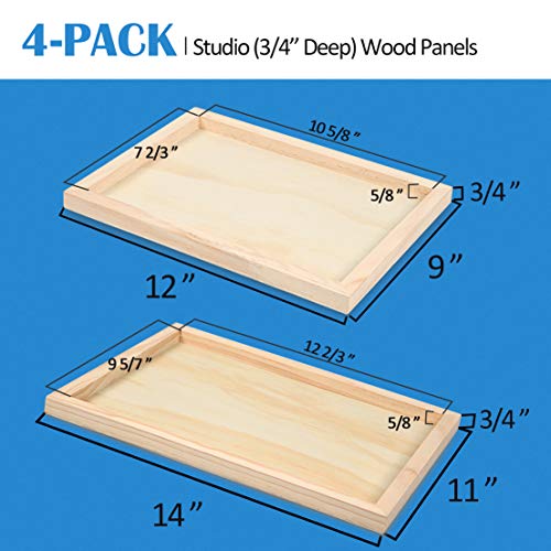 Unfinished Birch Wood Canvas Panels Kit, Falling in Art 4 Pack of 2 Sizes 11x14' and 9x12' Studio 3/4’’ Deep Cradle Boards for Pouring Art, Crafts, Falling in Art