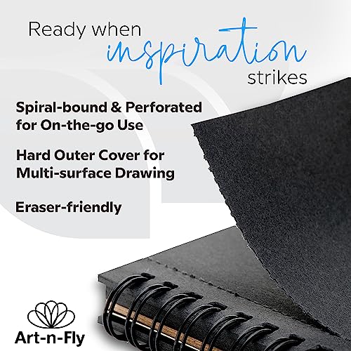 Art-N-Fly Black Sketch Pad Mini 5.5x8.5" 2 Pack - Black Paper Sketchbook for Drawings, Perforated Edge on Spiral 100 Sheets Total - Art Sketch Book Art-n-Fly