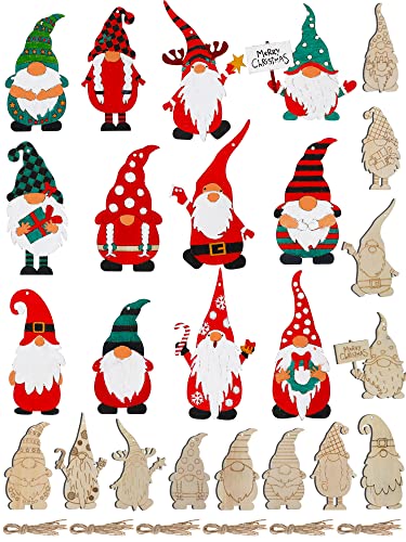 Macarrie 48 Pcs Christmas Wood Gnome Cutouts Blank Unfinished Wooden Gnome Hanging Ornaments Elf Paintable Christmas Ornaments with Rope for DIY Macarrie