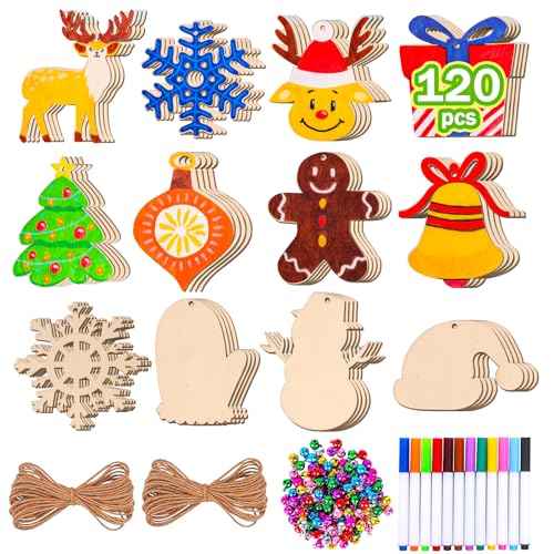 Max Fun 120PCS DIY Wooden Christmas Ornaments Unfinished Predrilled Wood for Crafts Centerpieces Holiday Birthday Hanging Decorations in 12 Shapes Max Fun