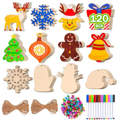 Max Fun 120PCS DIY Wooden Christmas Ornaments Unfinished Predrilled Wood for Crafts Centerpieces Holiday Birthday Hanging Decorations in 12 Shapes